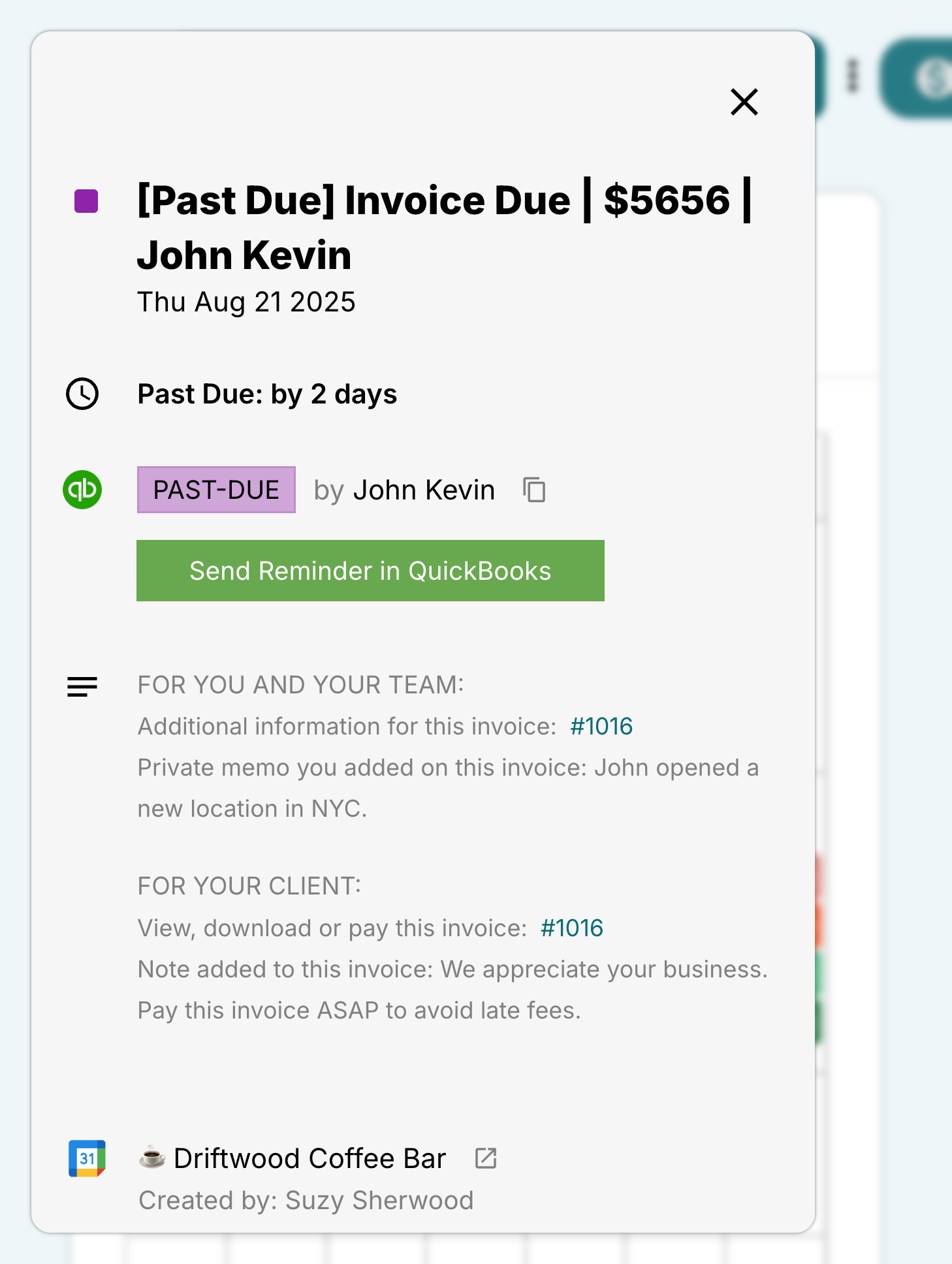 Invoice details at a glance - status, customer info, payment link, and notes